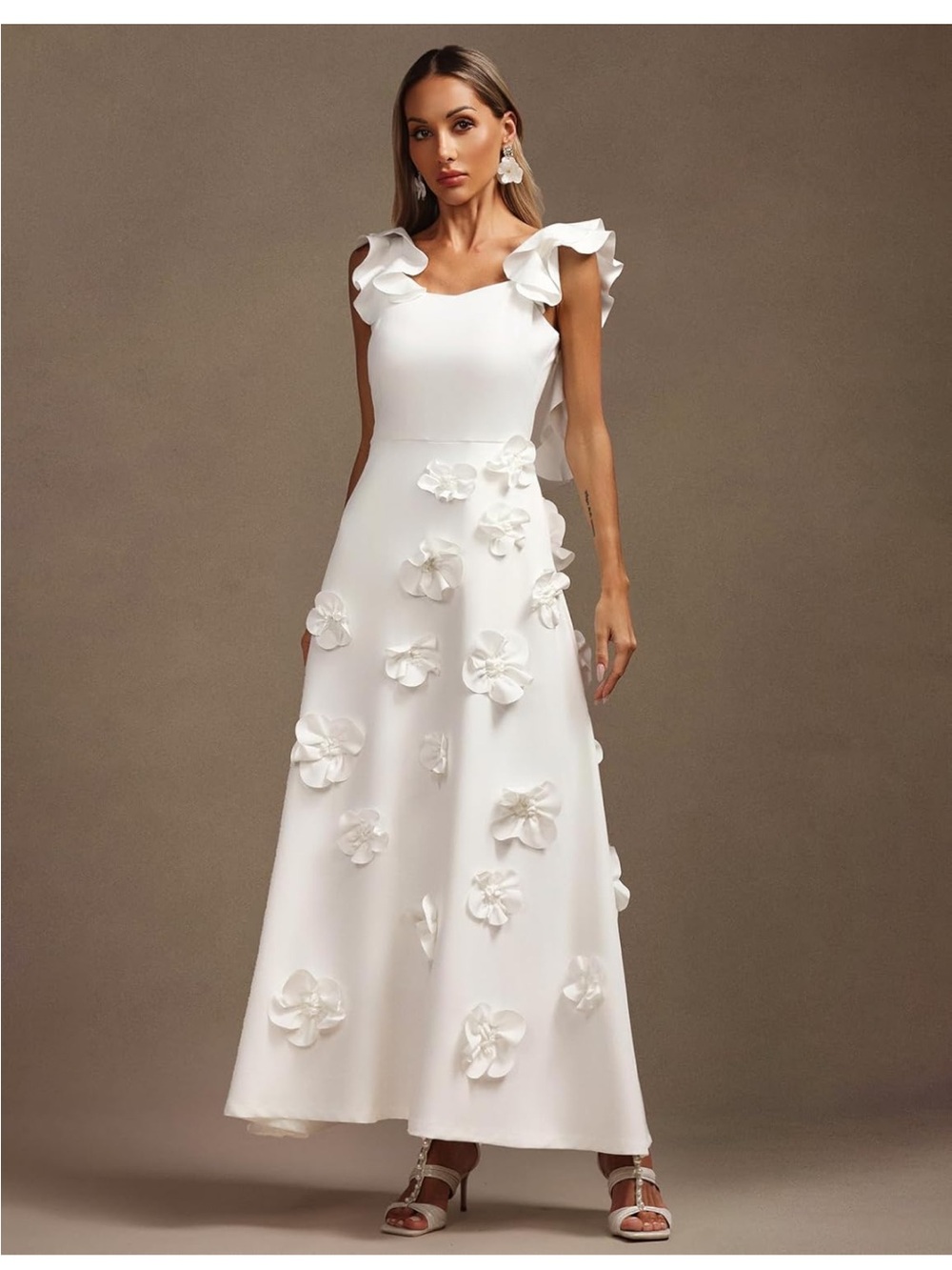 NWT Ansel White 3D Flower Ruffle Strap Dress Boutique Size Medium - Picture 2 of 8